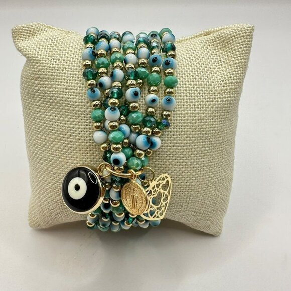 Set of Three Beaded Stack Bracelets Evil‎ Eye and Charms Accents - Picture 4 of 6